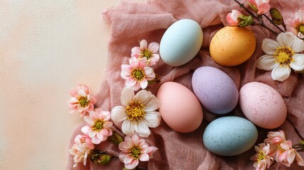 Pastel Eggs with Blossoms: A gentle display of pastel colored eggs artfully arranged amongst delicate blossoms, evoking the fresh promise of spring and Easter celebrations.