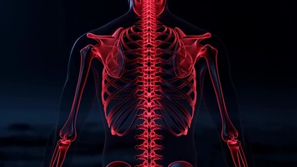 Anatomical visualization of red luminescent skeleton and spinal structure movement - Powered by Adobe