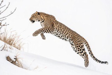 Fototapeta premium Leopard Jumps Through Snow in Winter Landscape During Daylight Hours