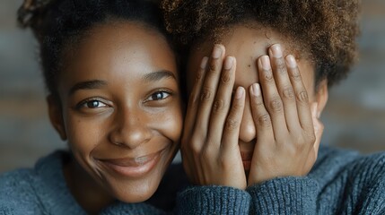 Young African American woman with curly hair smiling while covering another person's eyes with hands in playful gesture for friendship and bonding concepts.