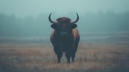 Naklejka premium Powerful black bull with horns standing in misty grassland field during moody atmospheric morning creating dramatic livestock farming scene.