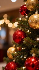 A warm and festive Christmas tree glowing with red and gold ornaments.