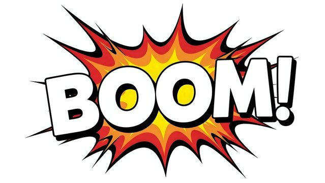 Comic book explosion burst with BOOM text in bold letters featuring red orange yellow flames and black spikes on white background for graphic design projects.