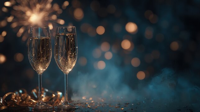 Champagne Toast and Sparklers: Two elegant champagne flutes filled with bubbly liquid, adorned with a festive sparkler igniting overhead.