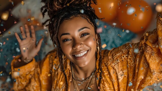 Young African American woman with dreadlocks celebrating at festive party with golden balloons and decorations, smiling joyfully with arms raised in excitement.