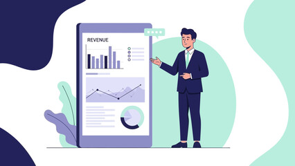 Fototapeta premium Businessman Presenting Revenue Data and Financial Analysis On Large Digital Screen