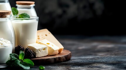 Fresh dairy products with milk bottles, cheese wedges and blackberries on wooden board for healthy breakfast and cooking ingredients.