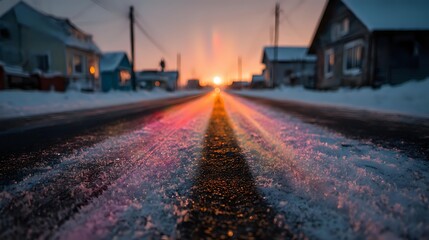 Empty asphalt road with yellow line leading toward bright sunset in small town with wooden houses and power lines creating dramatic perspective and warm lighting.