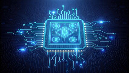 Glowing Circuit Board with Virtual Currency Symbols and Details