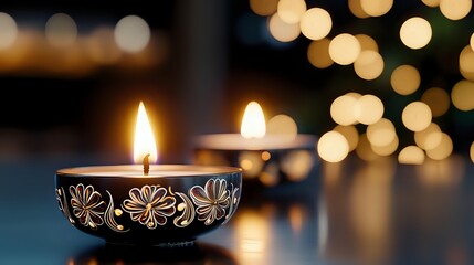 Decorative oil lamps with flickering flames create warm ambiance against soft bokeh lights background for festive celebrations and cozy home decor.