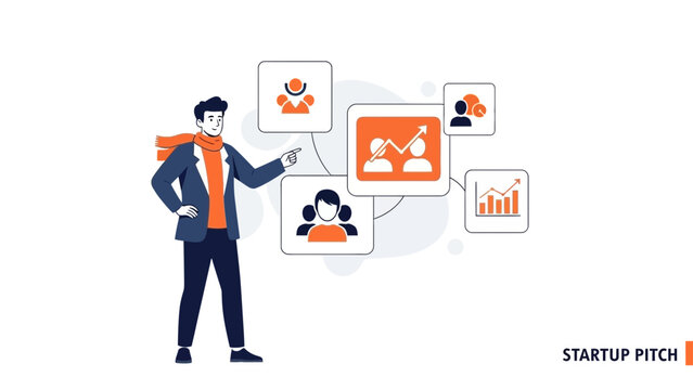 business entrepreneur presenting startup pitch concepts with market growth icons and team - Powered by Adobe