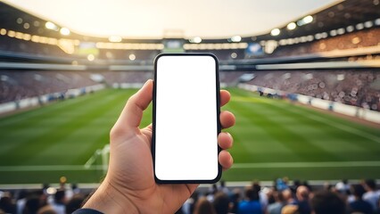Hand Holding Smartphone Mockup at Stadium Event | Blank Screen