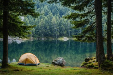 A serene lakeside campsite nestled amidst towering trees, where a lone tent stands as a testament to solitude and tranquility.