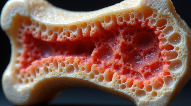 Vista macro de una secci&oacute;n transversal de hueso compacto que revela una red compleja de tejido esponjoso poroso