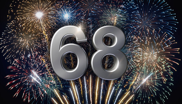 Silver number 68 with fireworks in the background. Festive scene for birthday or anniversary party