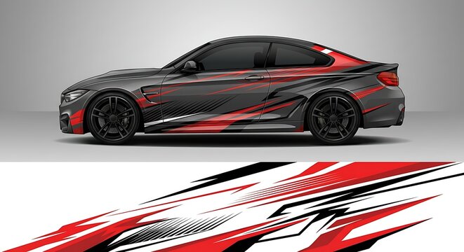 Side view of a black sports car with red and black decals on a gray background with a close-up of the decals below.