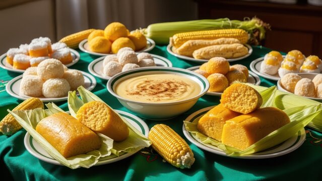 Table laden with various corn-based desserts on plates