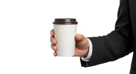 Businessman hand holding disposable coffee cup on transparent background