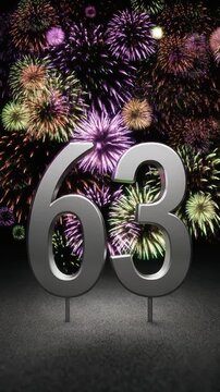 Silver number 63 with fireworks in the background. Festive scene for birthday or anniversary party