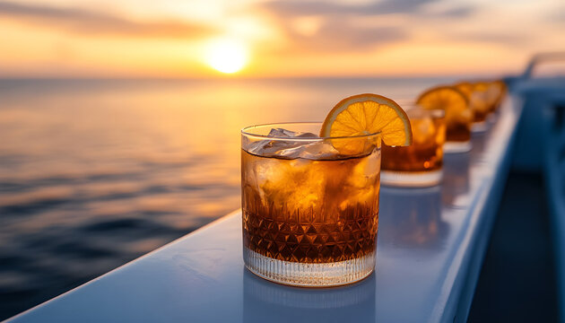 Aerial view of a row of cocktails on a ship deck during sunset, with the ocean in the background. The main subject is a glass of ambercolored drink with a slice of orange garnish.