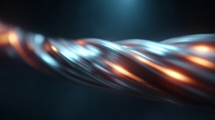 A close-up shot of a twisted metal cable with a blue and orange tone, showcasing the details and texture