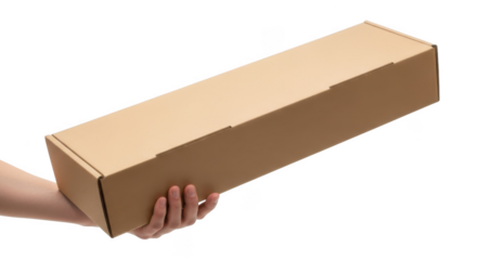 Woman's hand holding a long brown cardboard box against a transparent background ready for product packaging
