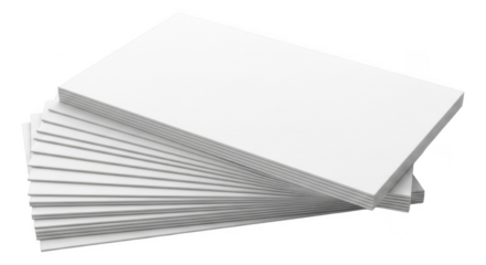 Stack of white blank business cards or paper sheets on transparent background