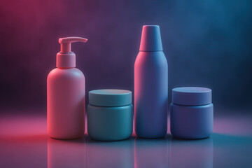 Pastel Skincare Bottles And Cream Jars With Soft Gradient Lighting On Minimal Background