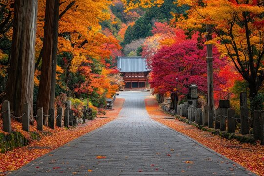 A serene autumn scene with a long, winding path flanked by vibrant trees and a traditional shrine at the end.