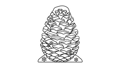 Black and white illustration of a pine cone with snowflakes on a white background, winter season icon, nature symbol, botanical drawing