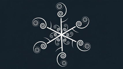 Intricate white snowflake design with swirling patterns on dark background, winter decorative element, frosty artistic motif, snowflake ornament, elegant icy texture
