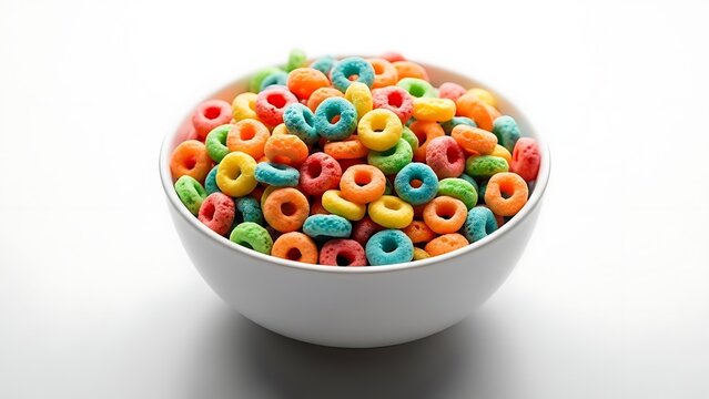 A bowl of colorful froot loops cereal on a white background