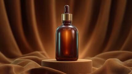 Naklejka premium A dropper bottle showcased on a pedestal, against a backdrop of flowing fabric