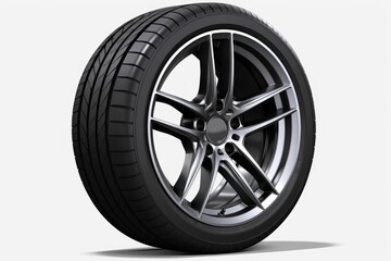 Fototapeta premium Car wheel rotating on a white background, showcasing the detailed tread and stylish rim design