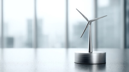 A sleek, minimalist wind turbine model displayed on a reflective surface. The image highlights sustainable technology and eco-friendly energy solutions