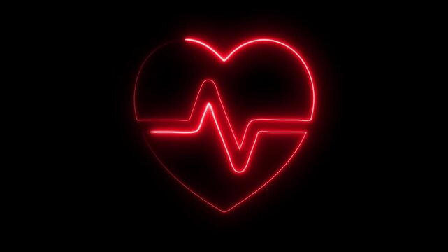 Neon line love border in hart , Heart rhythm, heart beat pulse icon animation.  Abstract neon heartbeat signal icon animation. Broken love icon with heart beat line 