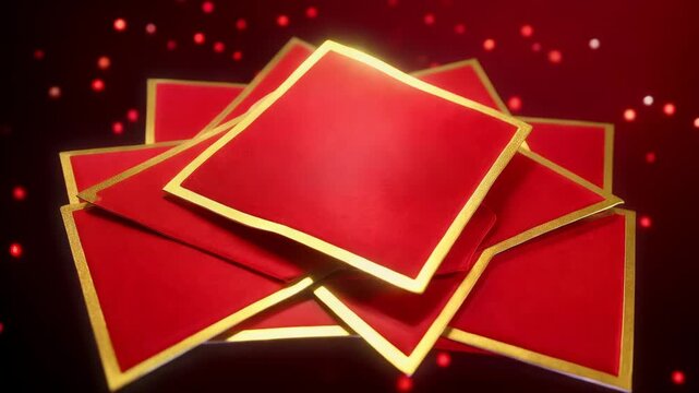 Red envelopes with gold trim on dark background with lights