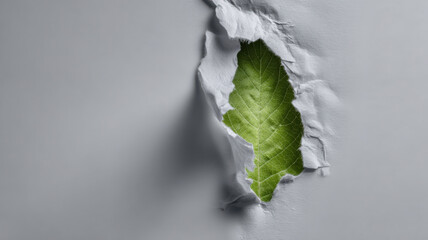 A leaf peeking through a torn hole, symbolizing renewal and nature's strength. The leaf's vibrant green contrasts against the textured background