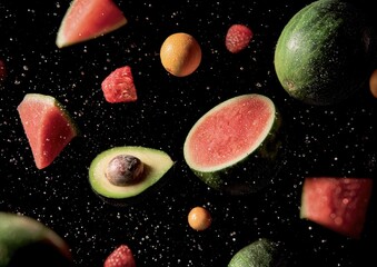 Assorted fruits float in dark space, sprinkled with moisture