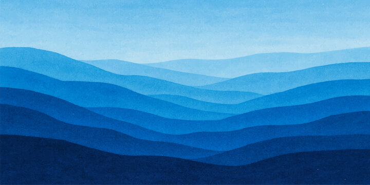 Abstract blue wave background featuring a misty mountain landscape with snow peaks under a cloudy sunset sky and a dense forest valley