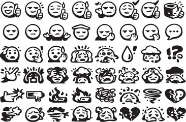 Hand drawn minimalist black and white emoji icon set for social media