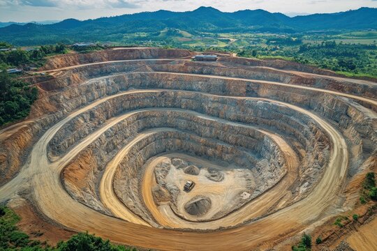 A large open-pit mine with steep, winding walls and a central trench, surrounded by lush greenery and distant mountains.