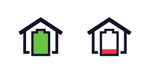home battery icons with house, power backup system pictograms on white