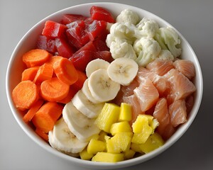 A vibrant bowl filled with assorted fresh cut fruits and vegetables including carrots, bananas, beets, mango, salmon, and cauliflower.
