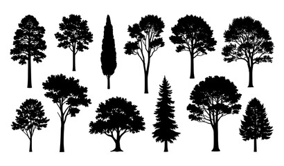 Fototapeta premium Minimal black tree silhouette icons vector pack for maps logos and landscape design