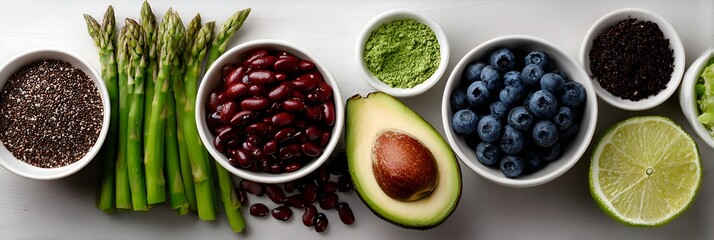 A vibrant arrangement of various superfoods including asparagus, beans, avocado, blueberries, and chia seeds displayed in white bowls.