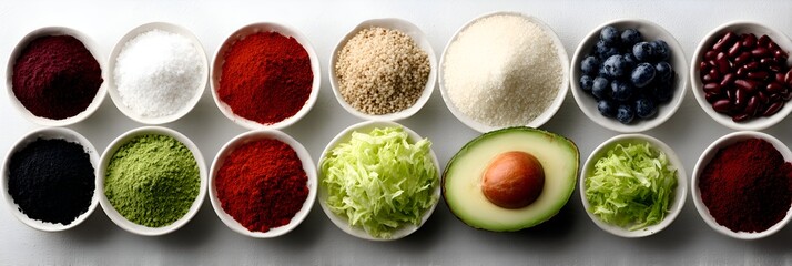 Top view shows a colorful assortment of whole foods and ingredients arranged in white bowls, perfect for healthy eating inspiration.