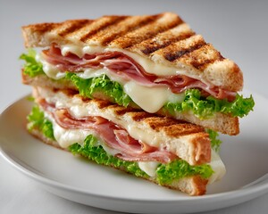 Two stacked panini sandwiches with ham, cheese, and lettuce on a white plate showcase a delicious and appetizing lunchtime meal presentation.