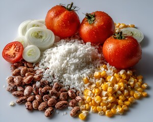 Rice, beans, tomatoes, corn, and sliced onions are arranged on a white surface, showcasing fresh ingredients for a healthy meal preparation.
