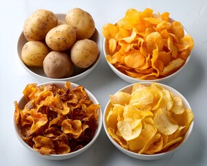 Four bowls showcasing fresh raw potatoes along with different kinds of crispy homemade potato chips on a clean white studio surface area.